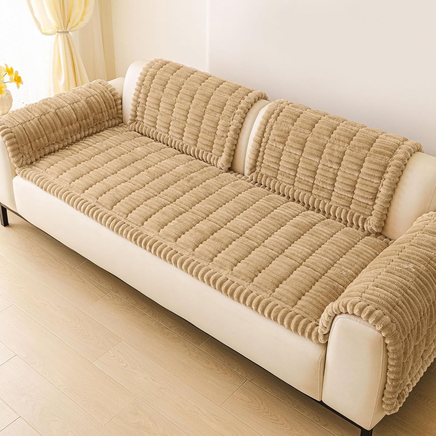 hyha Couch Cover for Dogs Washable, Non Slip Thick Flannel Sofa Protector, Pet Friendly Plush Furniture Cover for Sectional Sofa & Loveseat (Camel, 27.6" x 59")