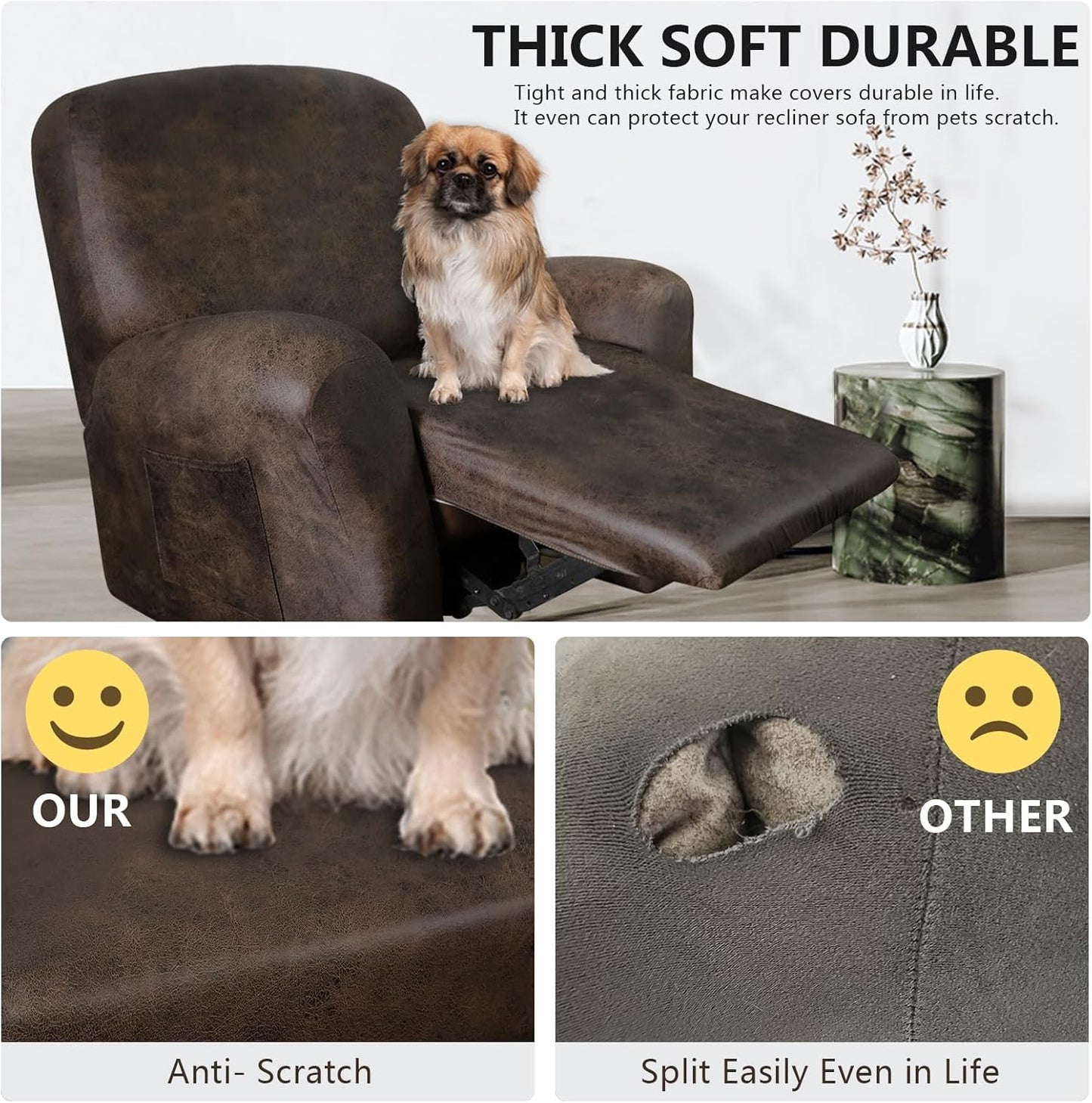 ANARACHON Leather Like Recliner Chair Covers Heavy Duty, 4 Pieces Recliner Cover for Recliner Chair, Leather Cover for Recliner slipcovers Washable for Pets (Dark Brown)