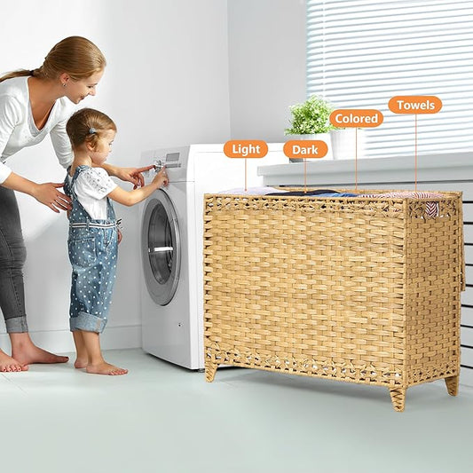 Laundry Hamper with 4 Removable Liner Bags; 176L Handwoven Rattan Laundry - Image 2