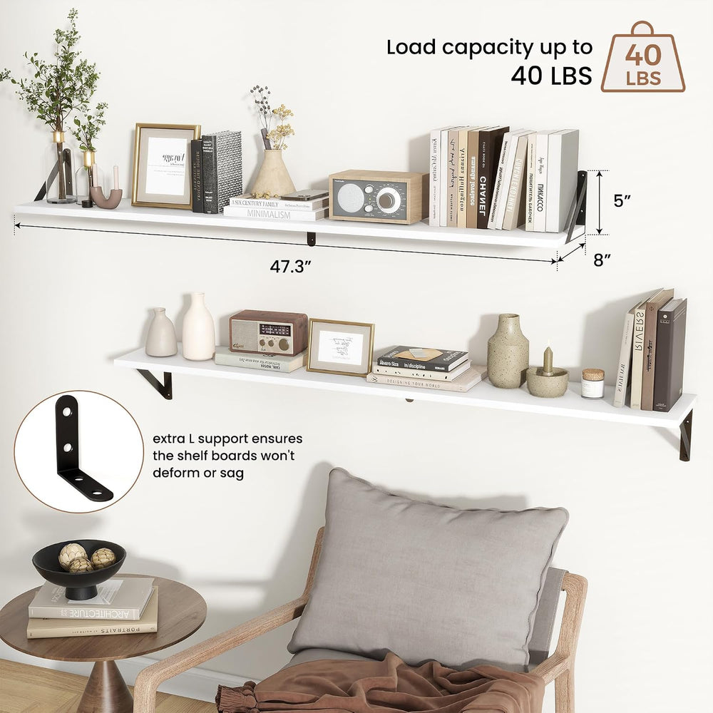 Axeman 48 Inch Floating Shelves, 8 Inch Deep White Wall Shelves Set of 2