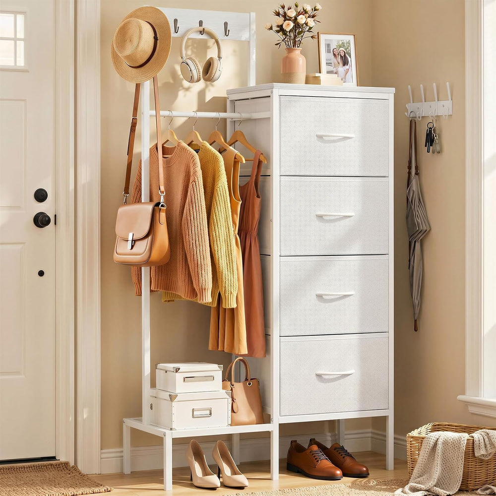 Lewondr Dresser with Hanging Rack and Storage Drawers, White