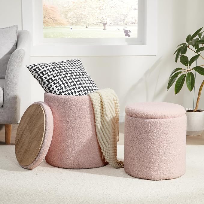 Boucle Round Ottoman with Storage Set of 2, Small Foot Stool Ottoman by RoyalWindsor