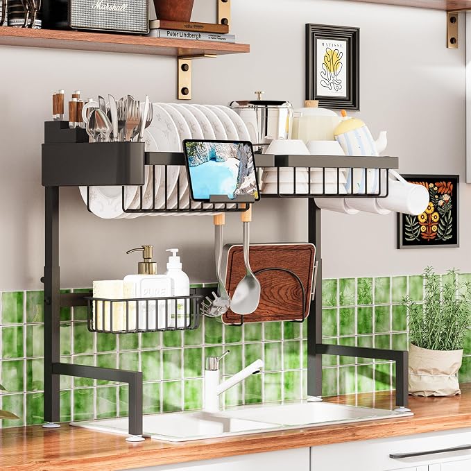 Over The Sink Dish Drying Rack, Expandable Height and Length, 2 Tier Large by ADOYMIRO