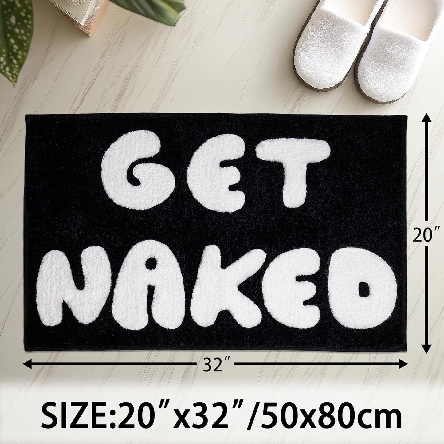 Black and White Get Naked Bath Mat 20"x32" – Non-Slip, Quick Absorbing Bathroom Rug, Funny Bathroom Decor for Home, Machine Washable & Easy Clean with Unique Letter Design (Black)