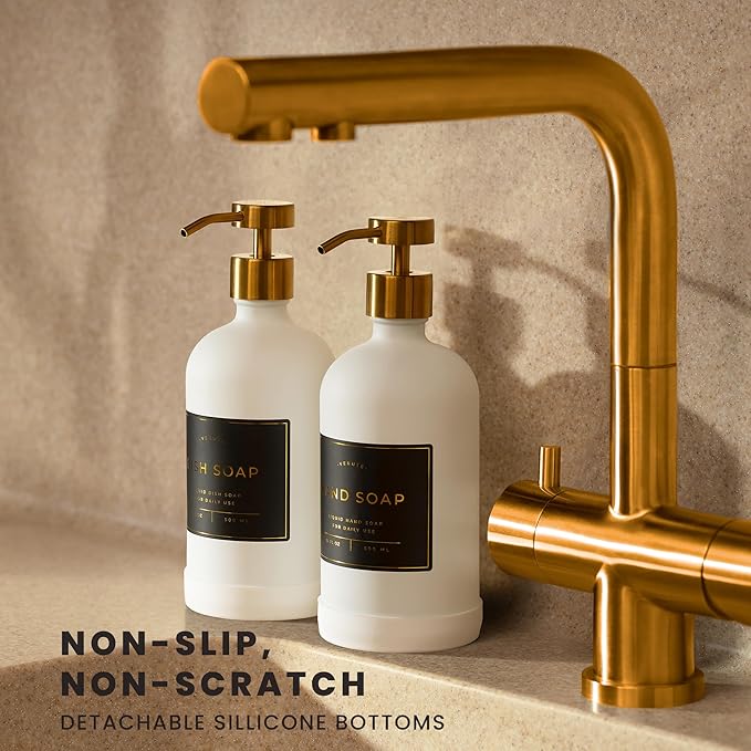 16oz Glass Soap Dispenser with Stainless Steel Pump, 21 Waterproof Labels - Image 2