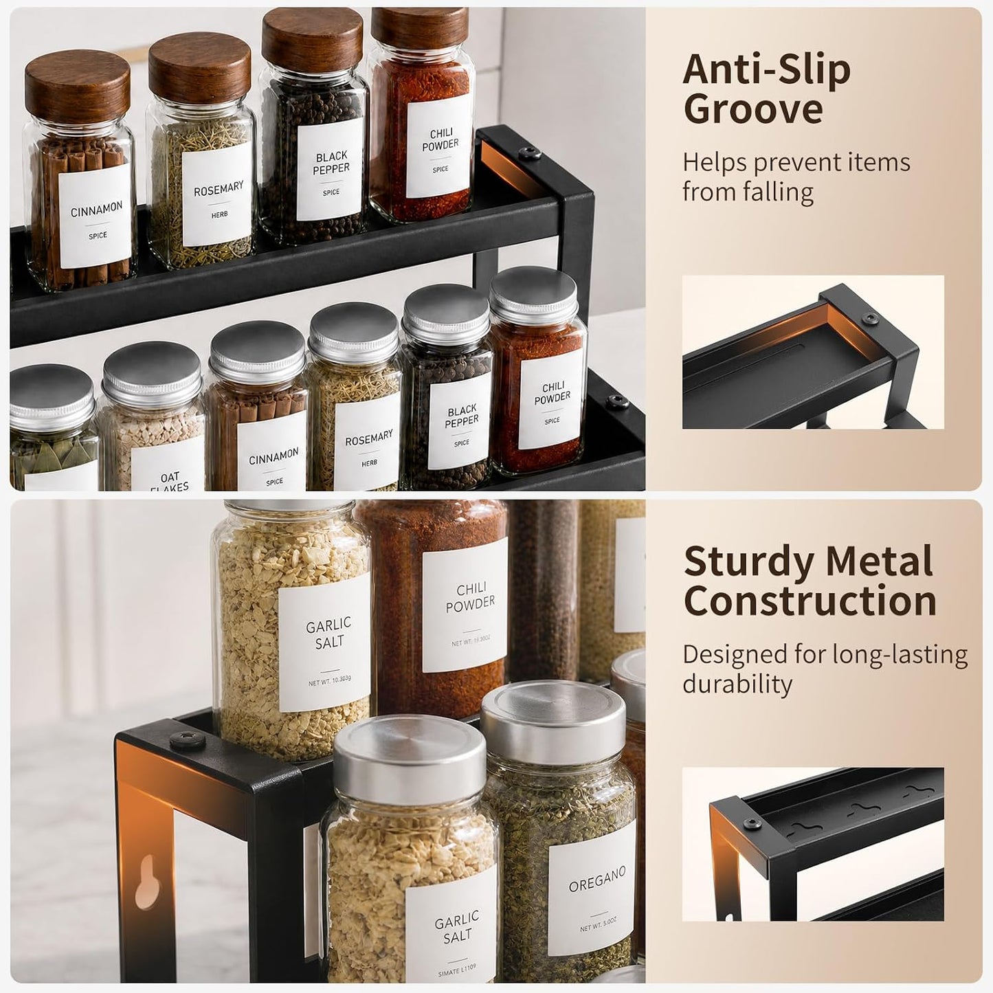 Expandable Spice Rack Organizer for Cabinet, 3-Tier Metal Spice Shelf | Expandable 16"-29", Anti-Separation Sliding Design, Organizes Jars, Bottles & Seasonings, Easy Assembly