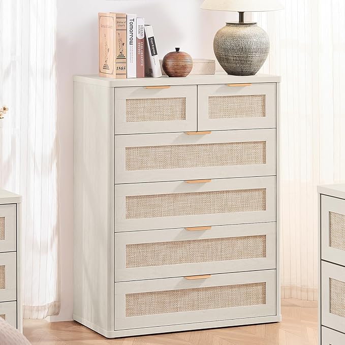 LEYAOYAO White Dresser for Bedroom Set of 2, Modern 6 Drawers Boho Rattan - Image 4