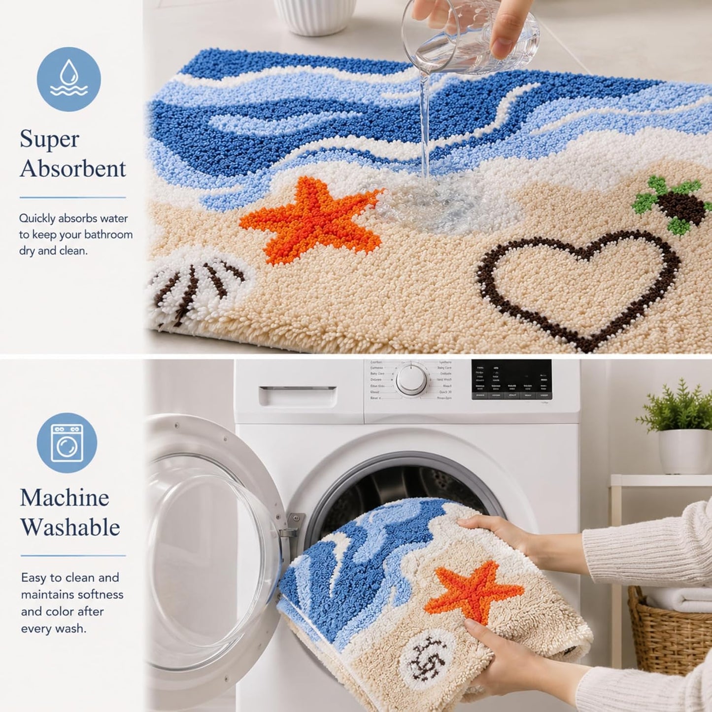 Coastal Bathroom Rug Beach Wave Bath Mat Nautical Cute Sea Turtle Starfish Shell Bathmat Summer Non Slip Washable Microfiber Shower Carpet for Bathroom, Kitchen and Entryway Decor, 18"x26"