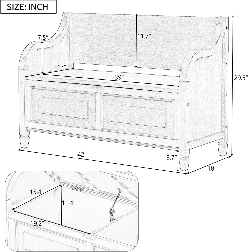 P PURLOVE 42 Inch Rustic Style Storage Bench with Safety Hinge,Solid Wood Ent...