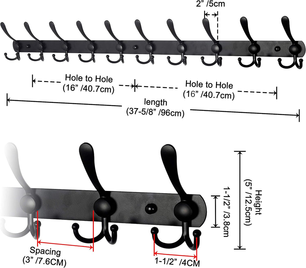 Dseap Coat Rack Wall Mount - 38” Long 10-Tri-Hooks Heavy Duty Coat Hanger Rai...