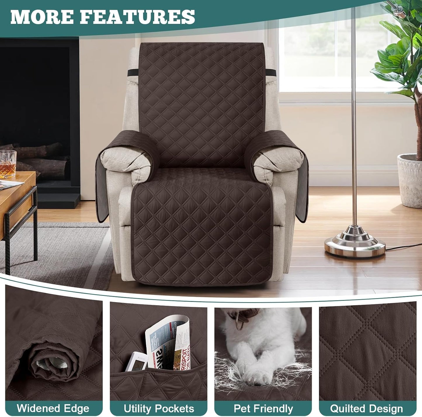 Ruaozz 100% Waterproof Recliner Chair Covers, Non-Slip Reclining Covers for Recliner Chair Washable Chair Cover, Recliner Covers with Pockets for Kids, Dogs, Pets (Chocolate, 23'')