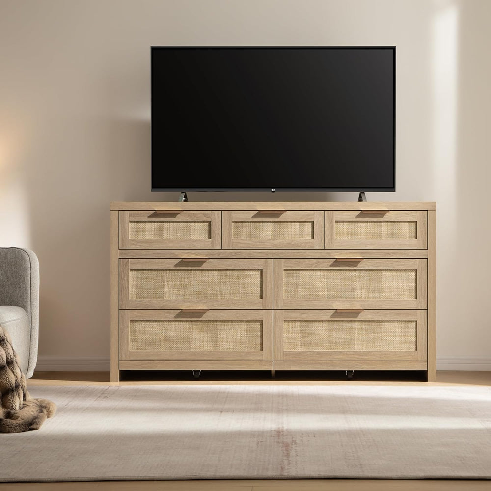SICOTAS 7 Drawer Rattan Dresser for Bedroom, 57" Wide Dresser