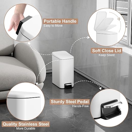 Small Trash Can with Lid Soft-Close, 6 L/1.6 Gal Bathroom Garbage Can with - Image 6