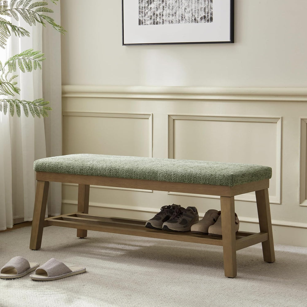 VKNOW Entryway Bench, Storage Shoe Bench with Rubberwood Legs, Green