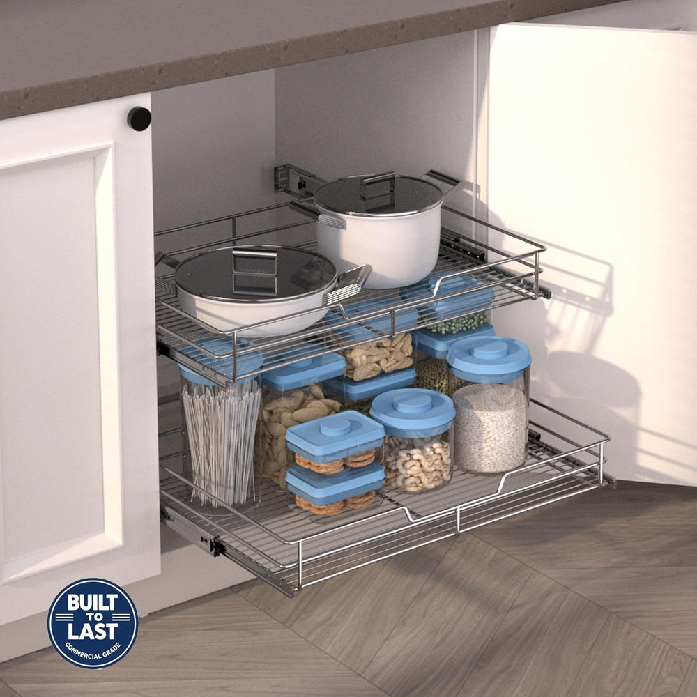 JOWBOOW 2-Tier Pull Out Cabinet Organizer, 23" W x 22" D, Chrome