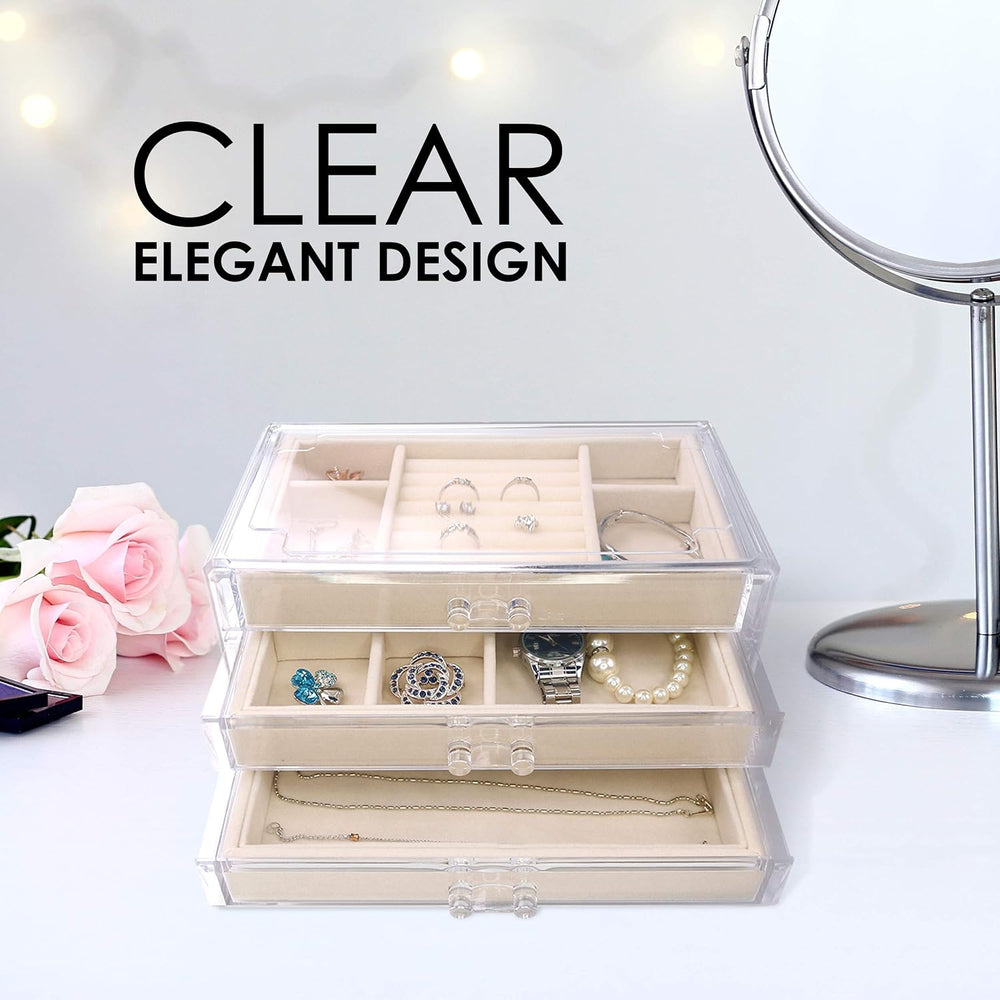 Acrylic Jewelry Organizer Box Women - 3 Drawers Clear Storage Case for Girls ...