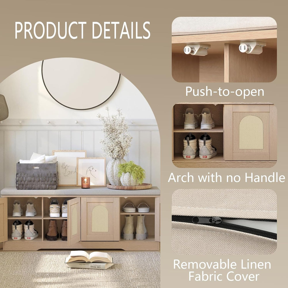 DINZI LVJ Shoe Storage Bench with Cushion, Door, Natural Oak 47.2" LX17.7 H