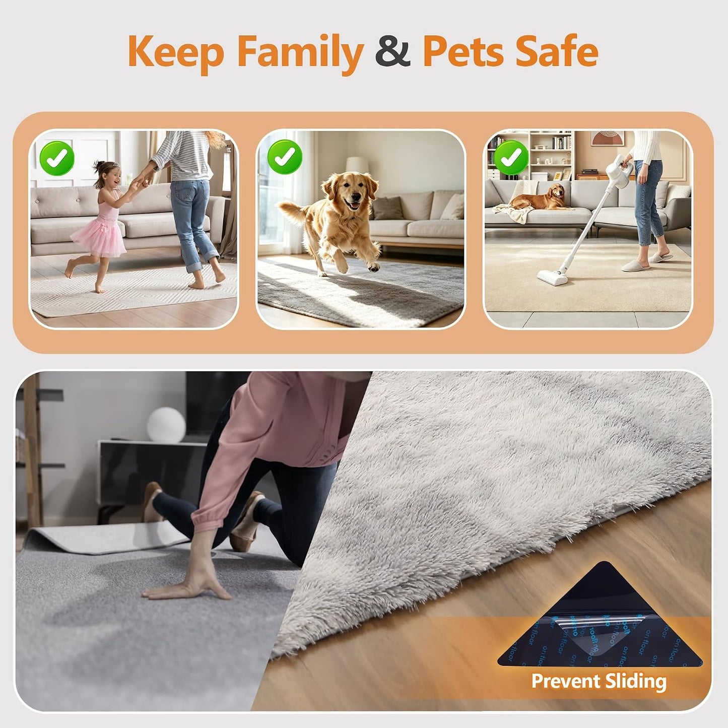 16 Pcs Rug Tape,Anti Slip Rug Pads Grippers for Hardwood Floors and Tiles,No Residue,Reusable Carpet Tape for Area Rugs, Double-Sided Adhesive Rug Stickers