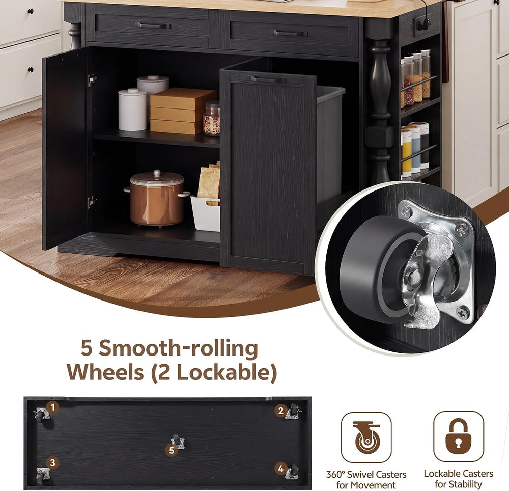 48" Kitchen Island with Trash Can Storage & Drop Leaf, Traditional