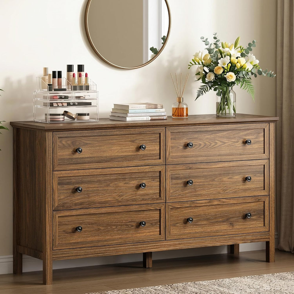 Walnut 6 Drawer Dresser for Bedroom, 55" Wood Chests of Drawers for Hallway
