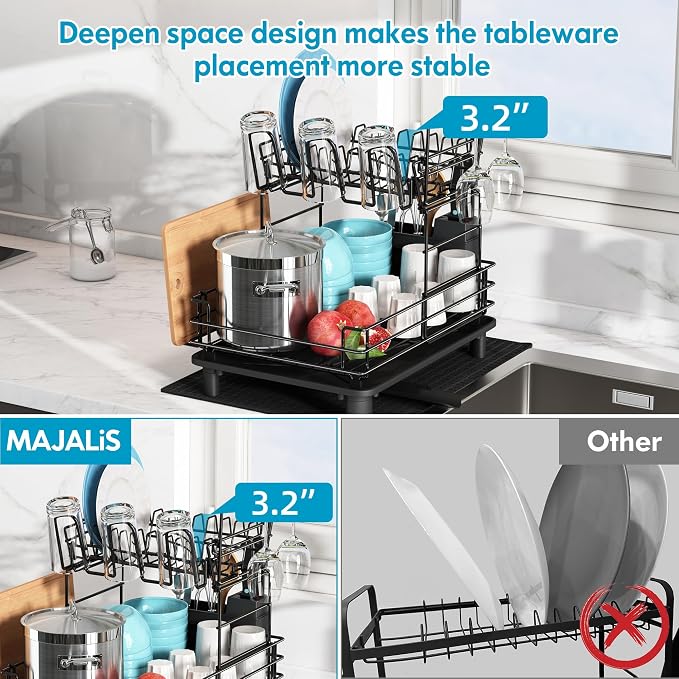 JASIWAY 2 Tier Black Large Stainless Steel Dish Drainers Drying Rack - Image 4