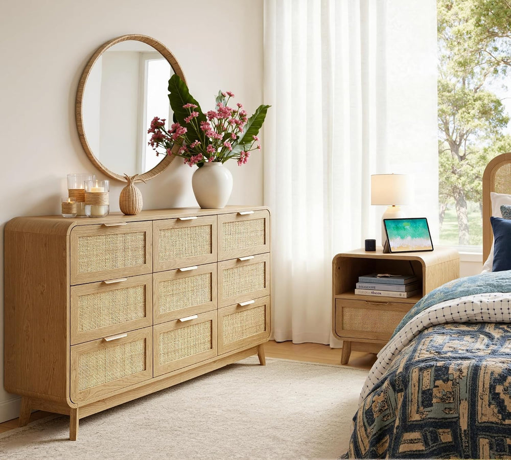 FORTUNETEC Rattan Dresser with Storage, Modern Farmhouse 9 Drawer Dresser, 55...