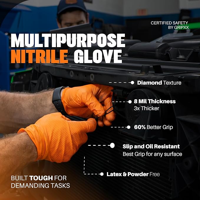 Herkules Grip Heavy Duty 8Mil Orange Nitrile Gloves, 3D Raised Diamond - Image 6