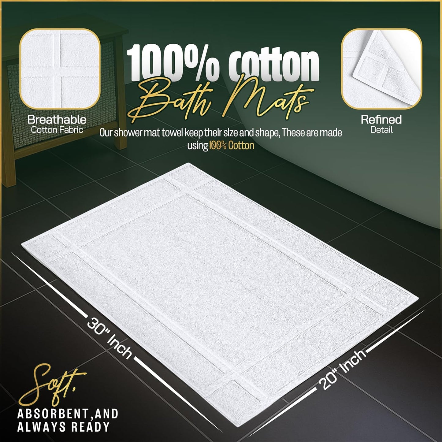 Pearl Linens Pack of 6 100% Cotton Bath Mat Towels, 20x30 inches, Soft & Absorbent Floor Towels for Bathroom, Not Bathroom Rugs, After Shower Mat, 687 GSM, Machine Washable, Airbnb Essentials, White