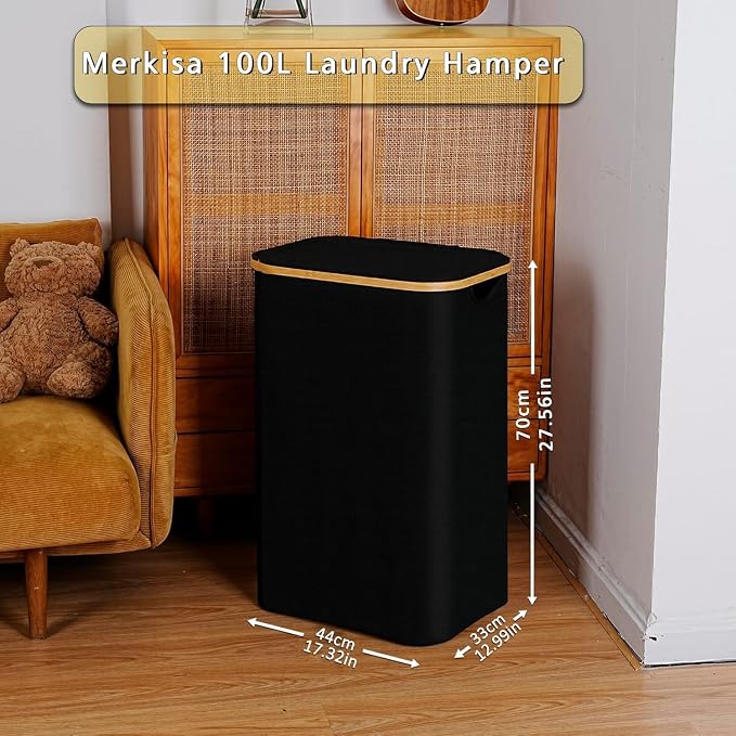 100L Laundry Hamper with Lid, Lagre Basket with Bamboo Handles, Foldable - Image 2