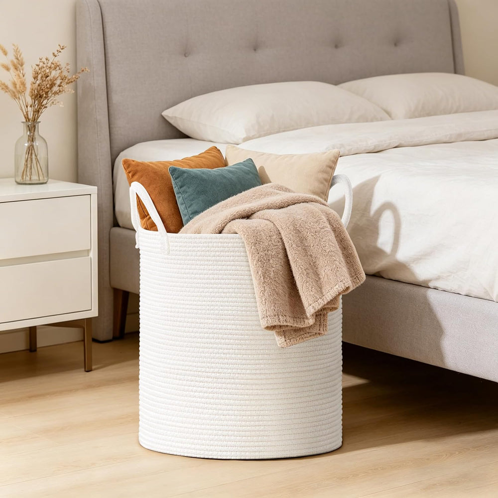 88L Large Tall Cotton Rope Laundry Basket with Handles, White