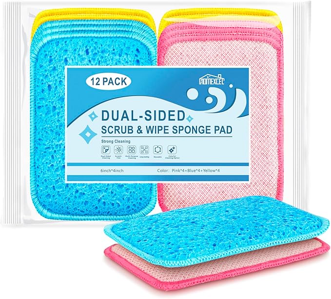 HOMEXCEL 12 Pack Scrub & Wipe Cloths, Dual-Sided Sponges by HOMEXCEL