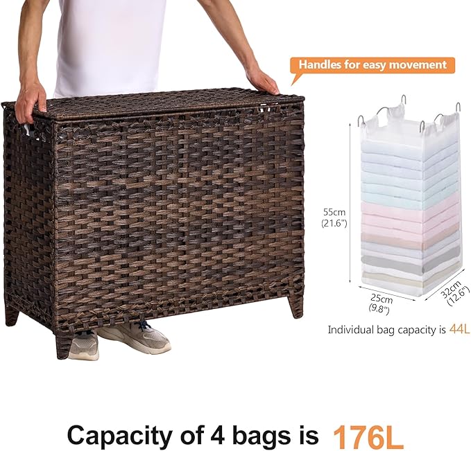 Laundry Hamper with 4 Removable Liner Bags; 176L Handwoven Rattan Laundry - Image 4
