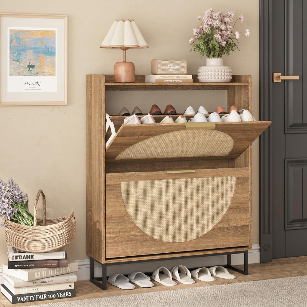 Maupvit Rattan Shoe Storage Cabinet with 2 Flip Drawers, Freestanding Shoe Or...