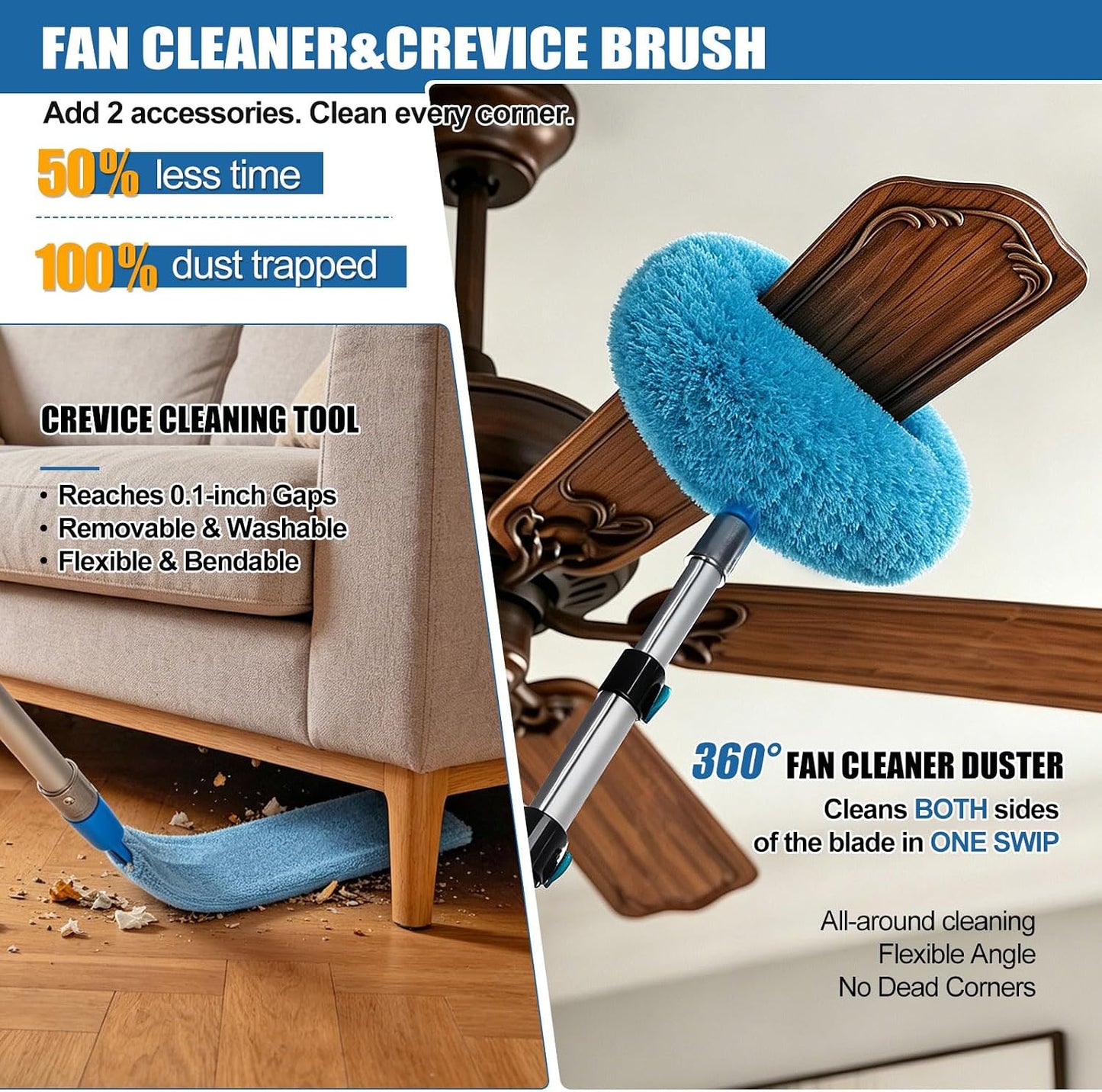 FIDISP 20 Foot High Duster with Extension Pole 4.5-12FT, 1.2" Thick Aluminum Wobble-Free Handle, 9 PCS Ceiling Fan Cleaner Duster Kit with Hooks, Spider Web Brush with Pole for High Ceilings & Outdoor