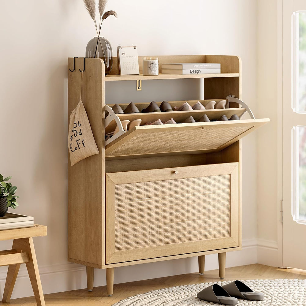 EYYTHUNG Rattan Shoe Cabinet with 2 Flip Drawers, Mid Century Modern Shoe Org...