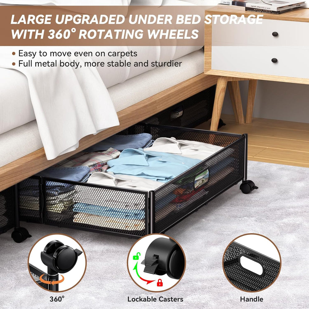 PHINOX Under Bed Storage with Wheels & Handle,Metal,Large,4 Pack,Black