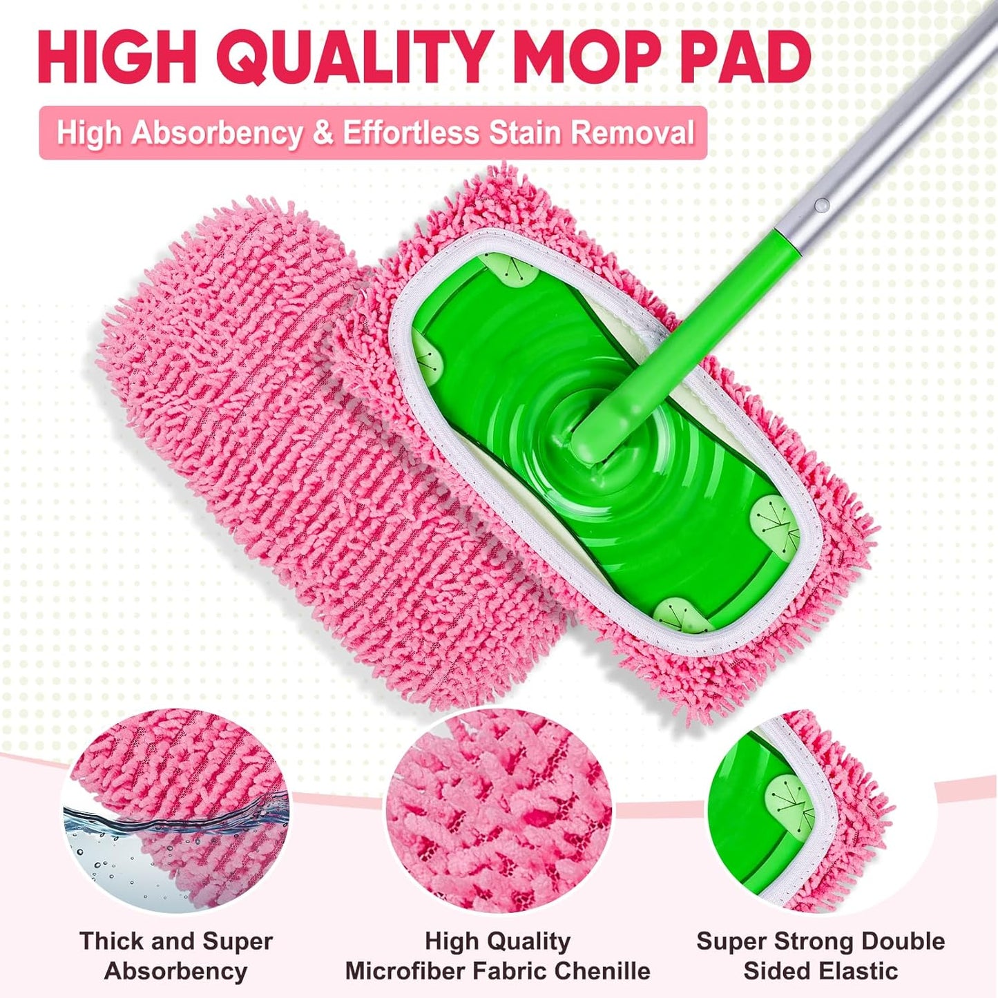 6 Pack Reusable Mop Pads Compatible with Swiffer Sweeper, Chenille Mop Refill Pads, Dry & Wet Mopping Cloths for Floor Cleaning -Pink