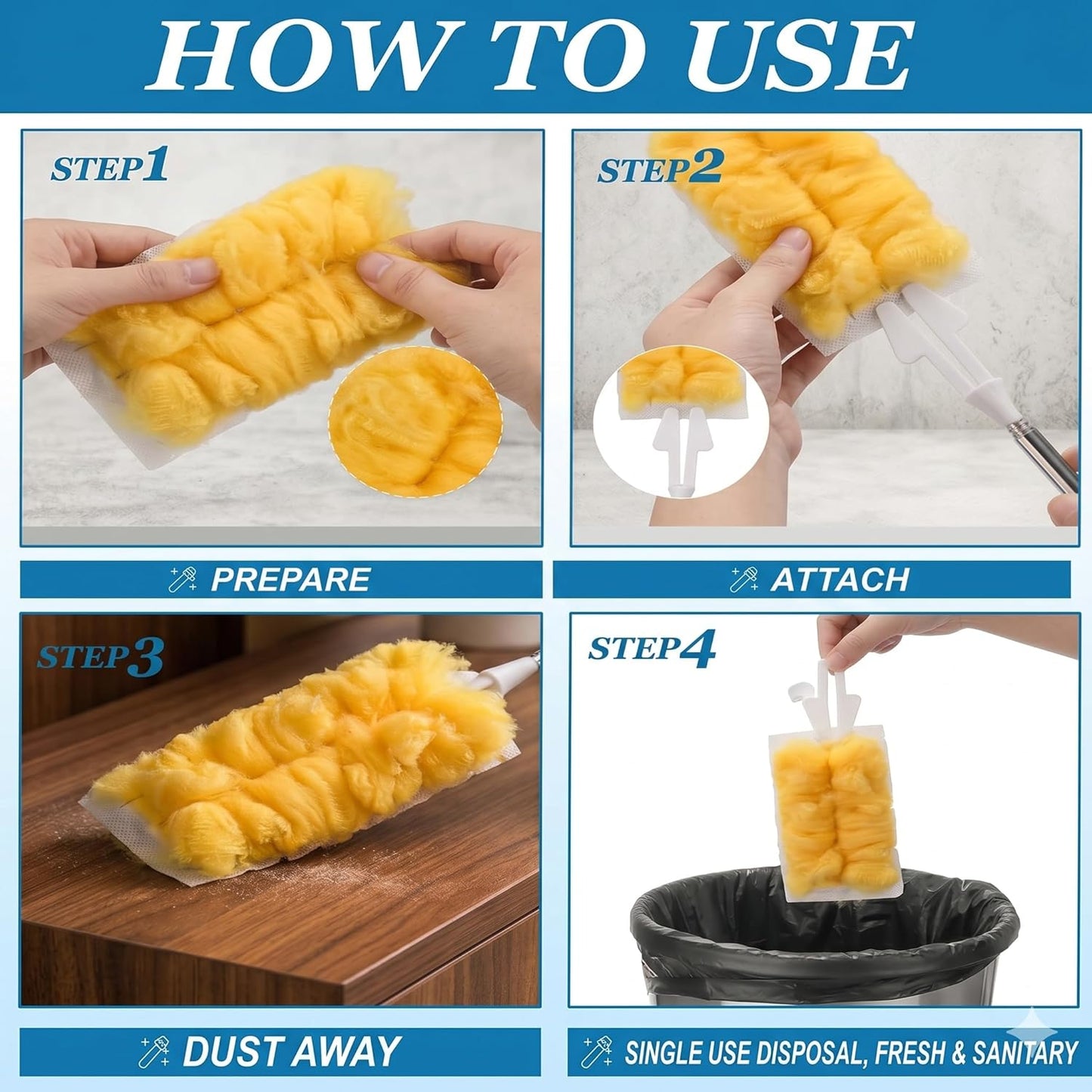 50 Count Duster Refills with 1 Handle | Disposable Multi Surface 360° Duster Cleaner Kit for Ceiling Fans, Blinds & Furniture