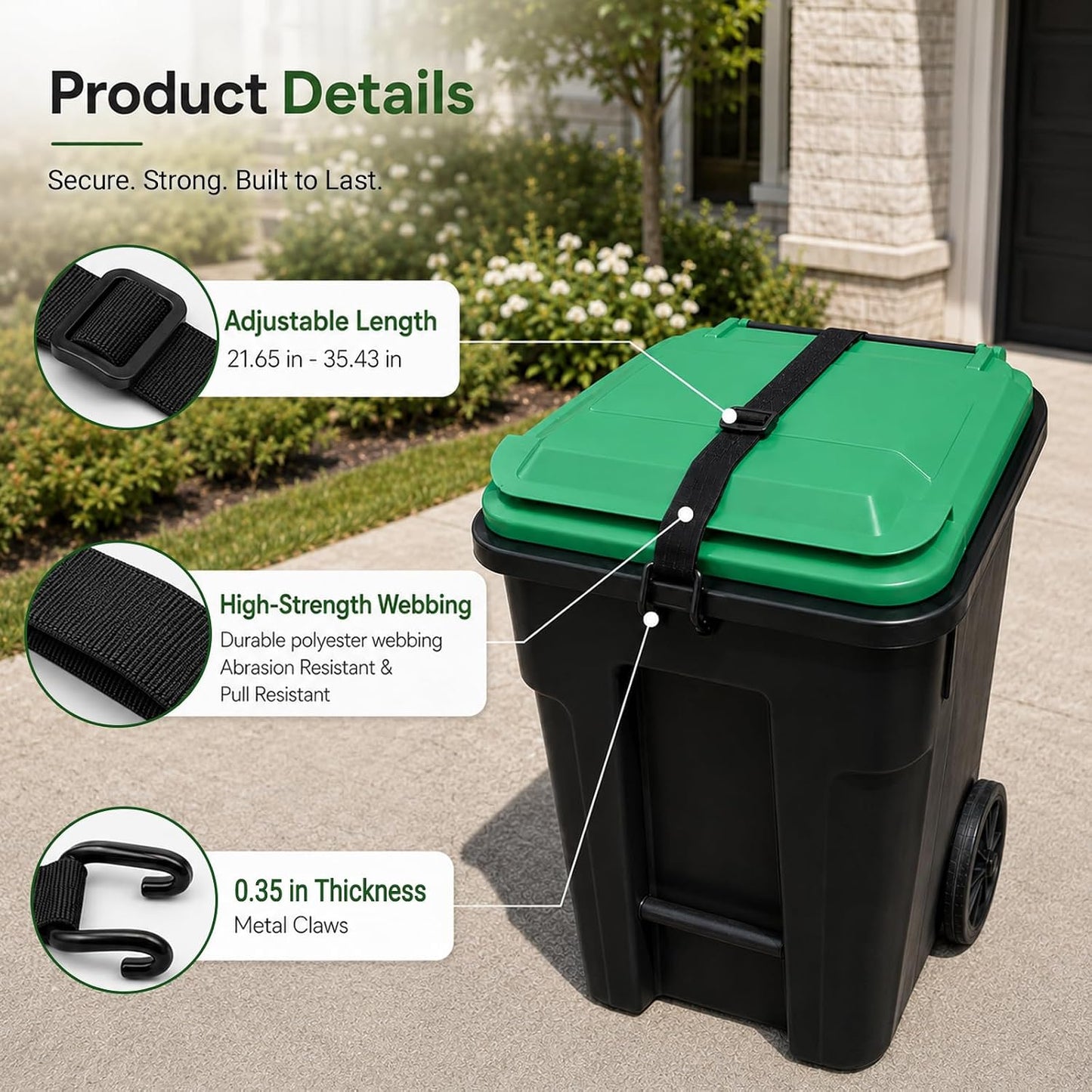 2 Pack Metal Trash Can Lid Locks, Non-Slip Double Claw Garbage Can Locks, Adjustable Animal-Resistant Windproof Straps for 28-96 Gallon Outdoor Bins