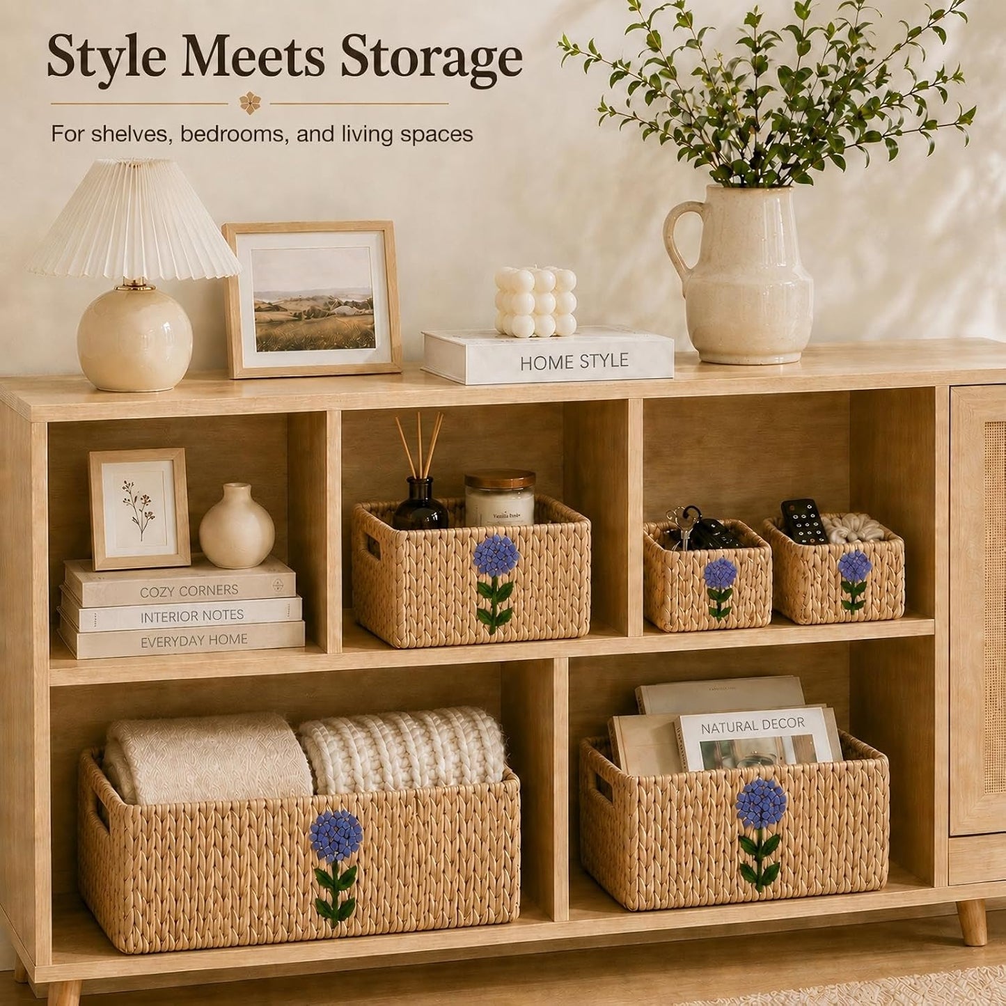 Water Hyacinth Woven Decorative Baskets - Pantry Organizers and Storage | Set of 5 Handwoven Organizer Bins with Hand-Embroidered Flower, Built-in Handles, Shelf Baskets for Nursery, Bathroom