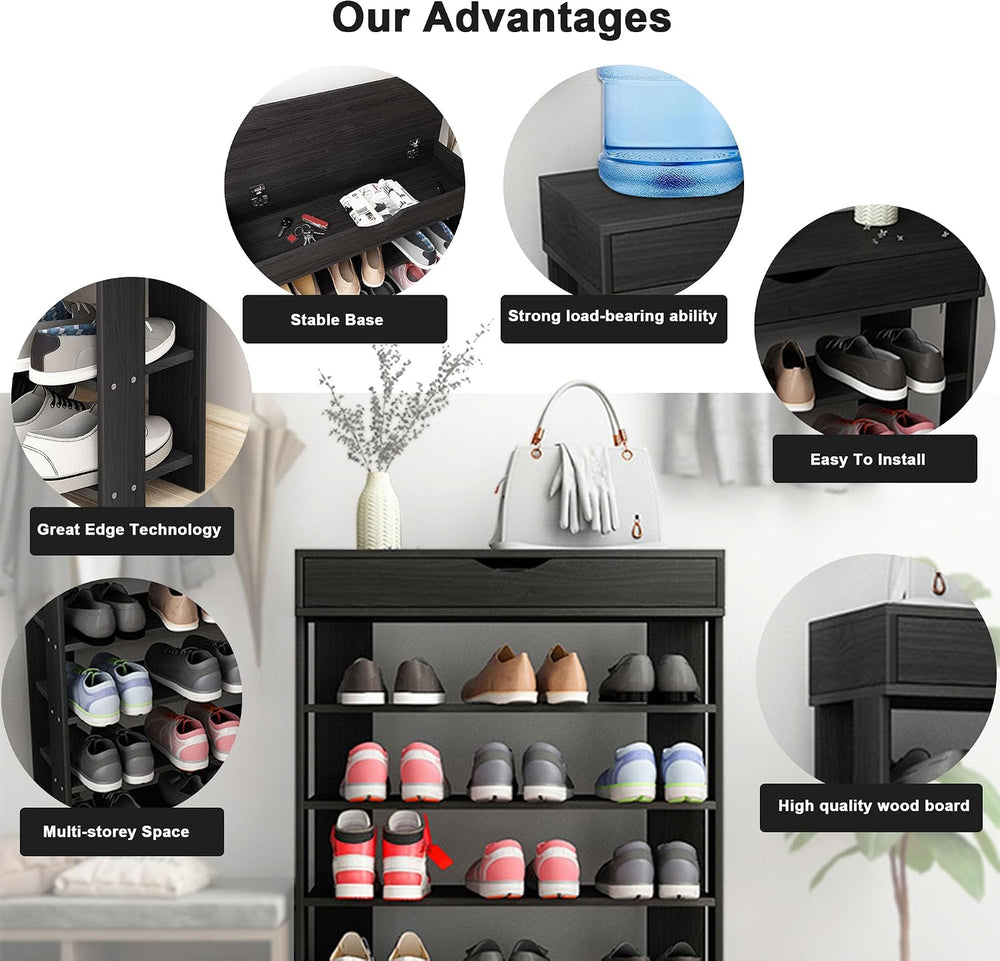 DlandHome Shoe Rack Shoe Storage Cabinet, 5 Tier Shoe Racks, Wooden Shoes Hee...