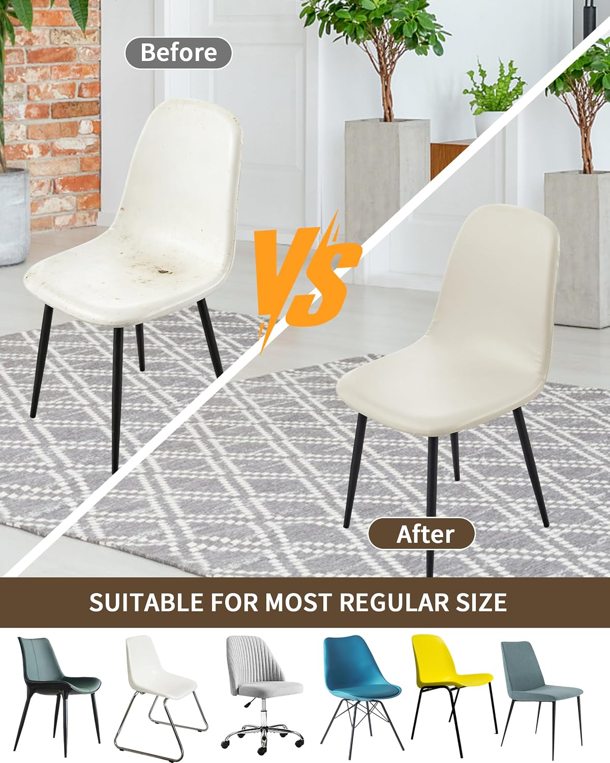FUANGUI Waterproof PU Leather Mid Century Modern Dining Chair Cover Set of 4, Stretch Covers for Shell Dining Chairs, Lounge Armless Chairs Slipcover for Kitchen Living Room Side Chairs -Off-White
