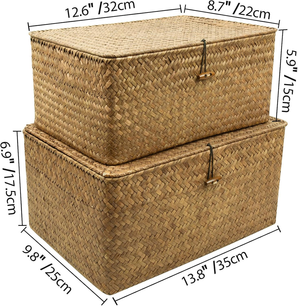 2-Pack Wicker Storage Baskets with Lid, Coffee Large & X-Large Rectangula...