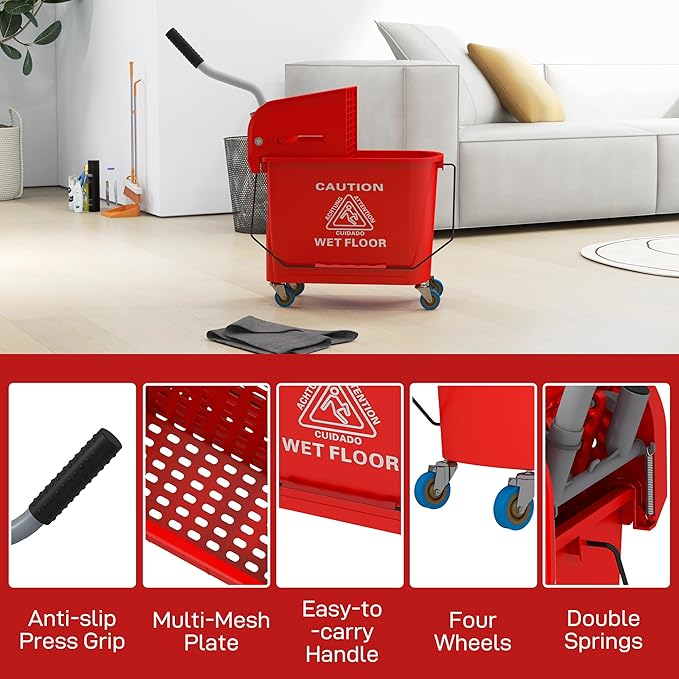HOMCOM Compact Mop Bucket with Wringer on Wheels - Image 8