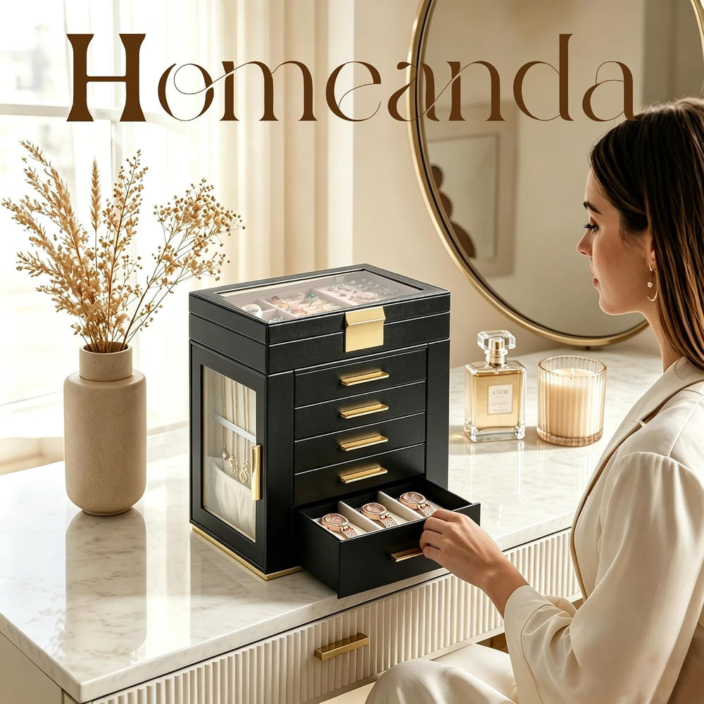 Homeanda Jewelry Boxes with Glass Lid, 6-Layer Large PU Leather, Black