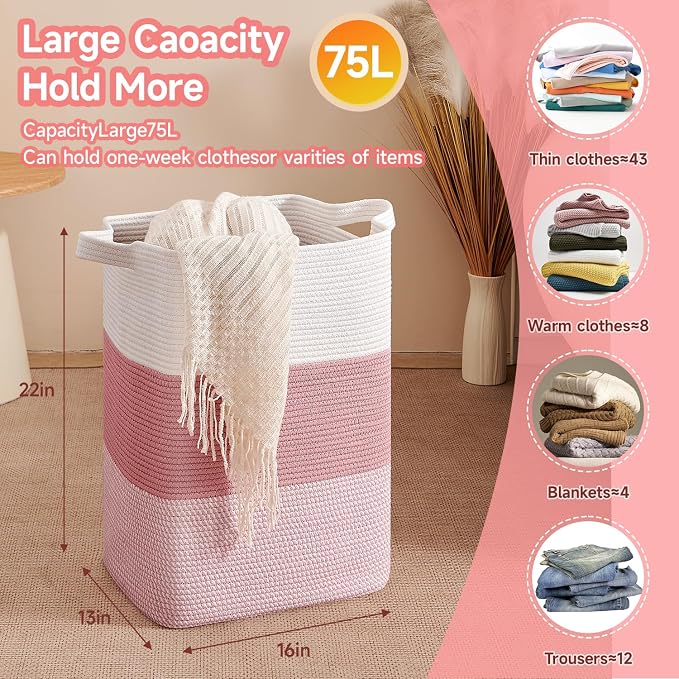 CLHMILY&Z 75L Laundry Hamper Rectangular Pink Rope Basket - Image 4