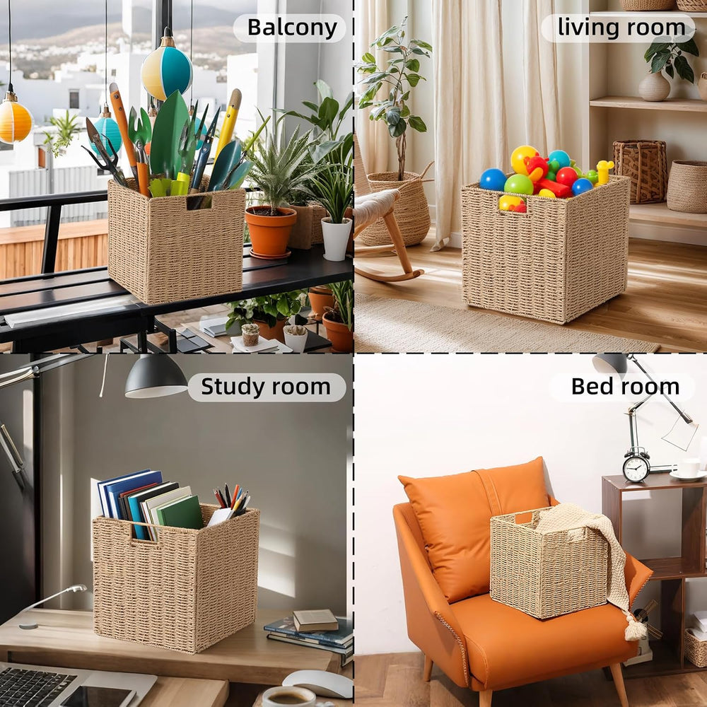 12x12x12in Wicker Storage Baskets for Shelves, Set of 2 Hand-Woven Paper Rope...