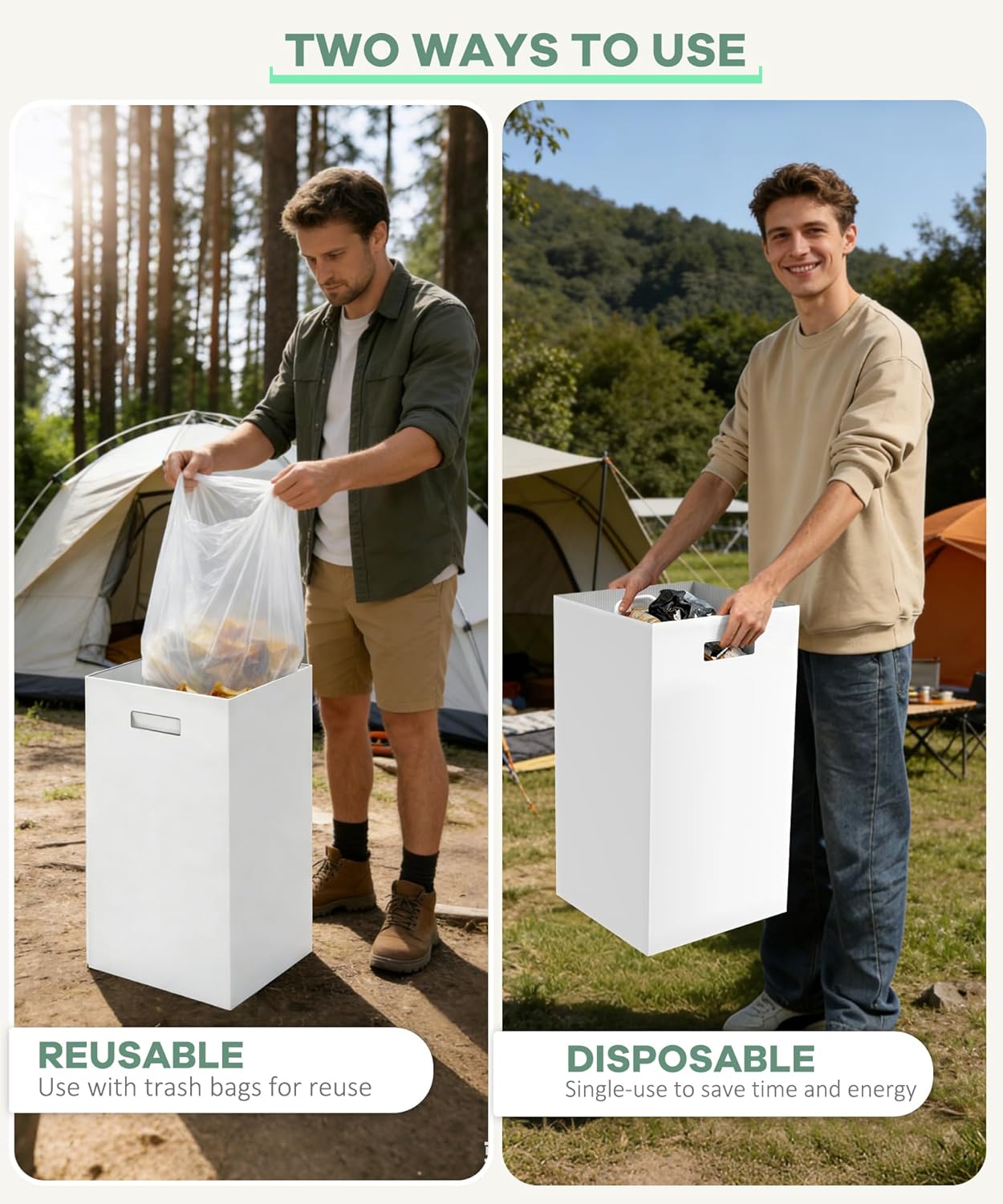 4 Pack 40 Gallon Corrugated Cardboard Disposable Trash Cans, White | 18" L x 18" W x 30" H, With Handle, Collapsible Garbage Cans, Thick Foldable Bins for Parties Events Camping Beach
