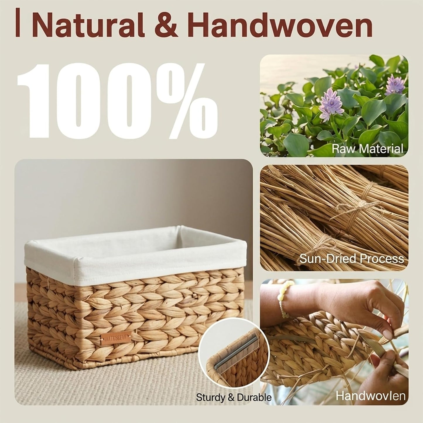 Water Hyacinth Wicker Baskets for Storage, Handwoven Rattan Shelf Basket for Organizing Pantry Closet Bedroom, 100% Natural Decorative Woven Organizer with Handles and Waterproof Canvas, 4 Pack