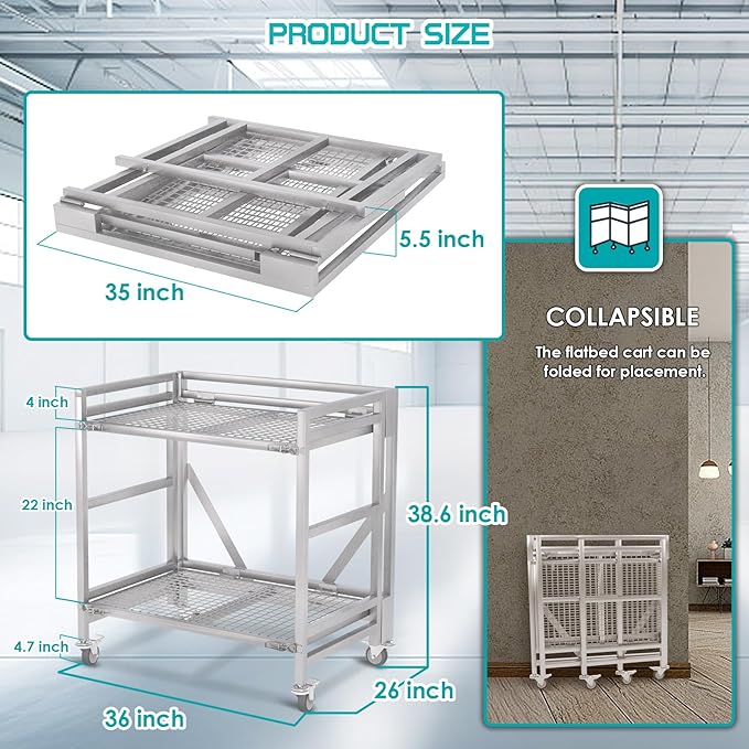2 Shelf Rolling Cart with Wheels, 660lbs Capacity Collapsible Steel Rolling - Image 5